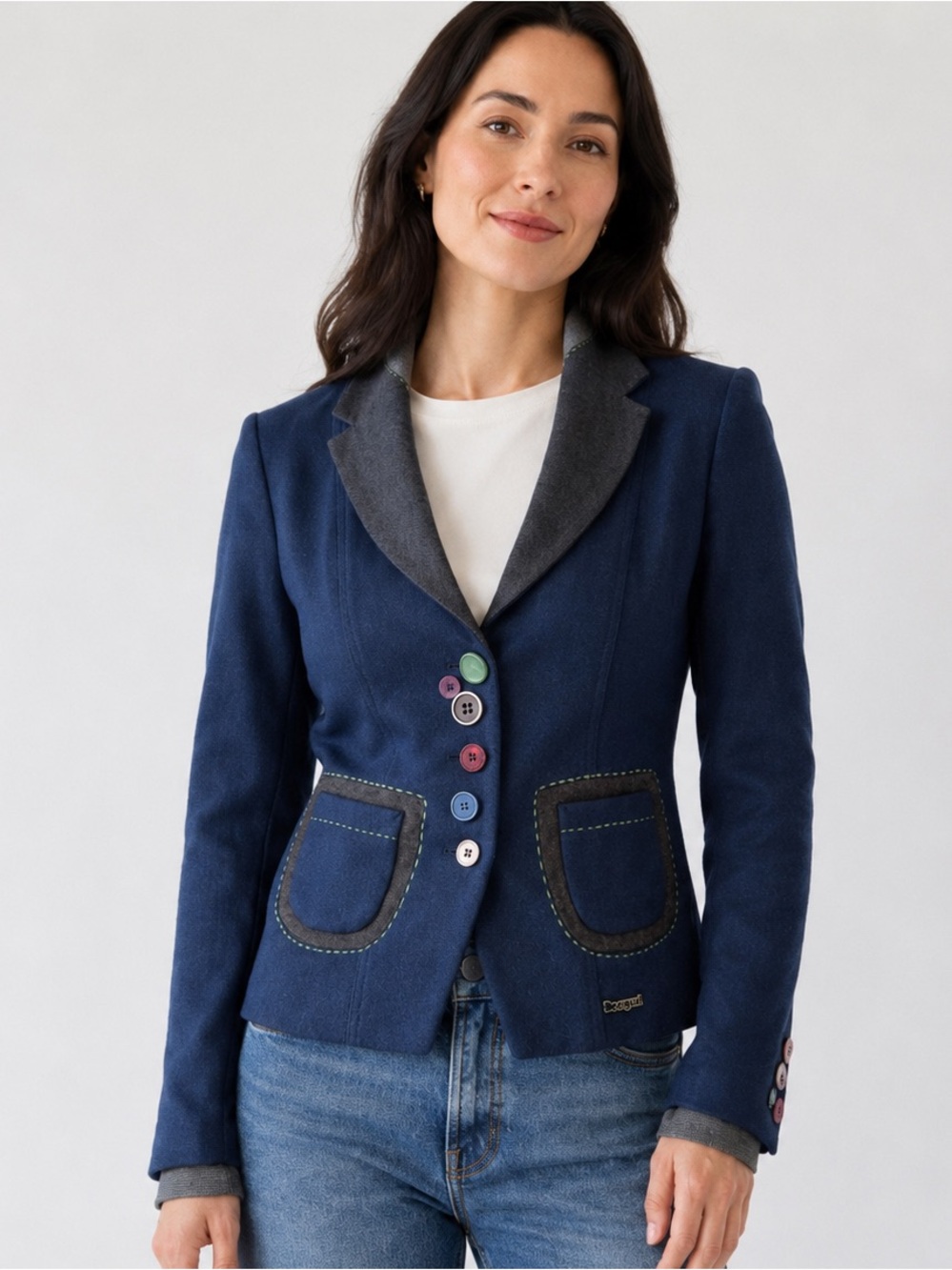 Desigual Wool Patchwork Button Blazer Navy Abstract Button Pockets 38 US 6 Sm